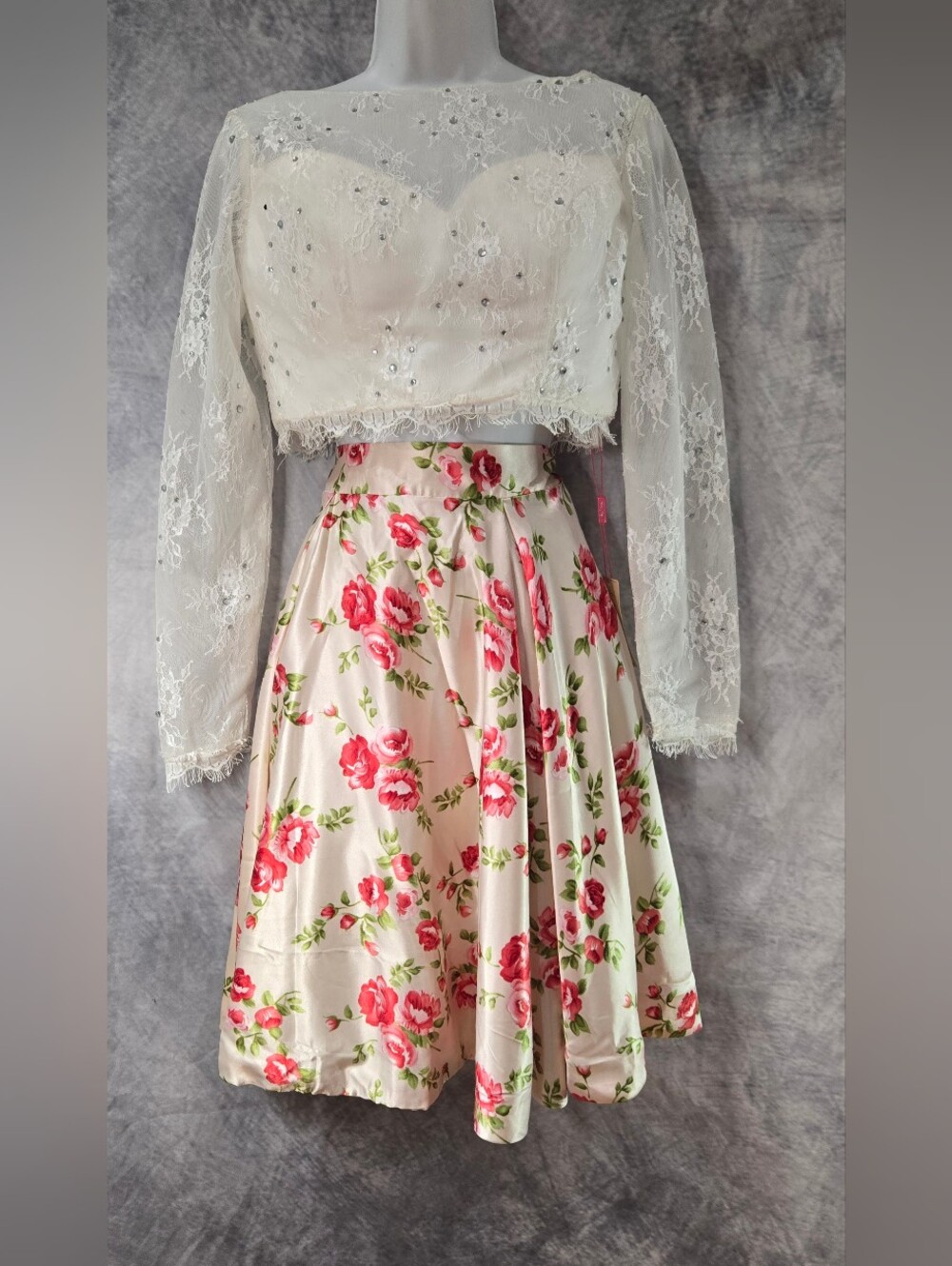 PromGirl Cream Skirt with Pink Rose Floral Print